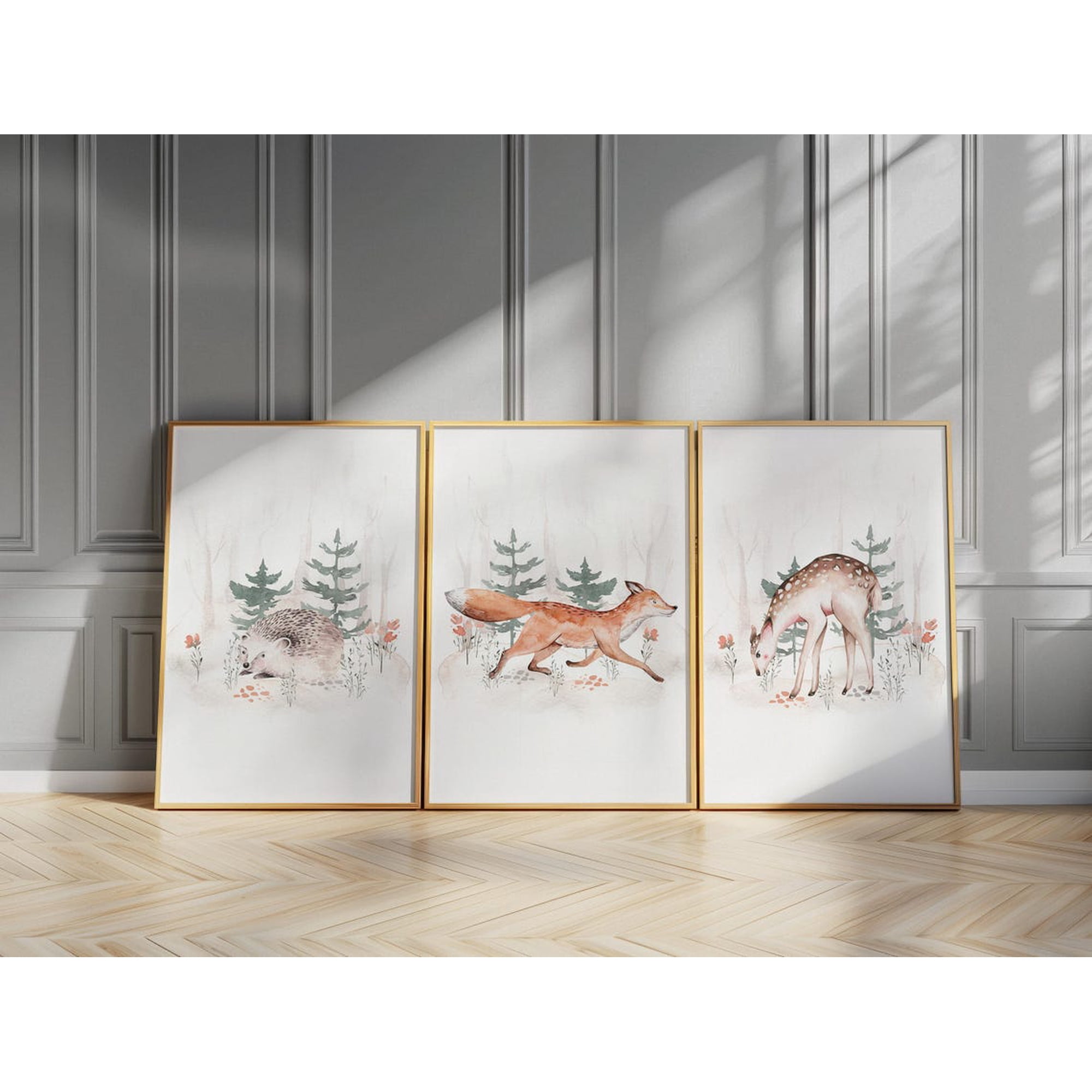 Set Of 3 Woodland Animals Nursery Wall Art Prints Forest Scene Nursery And Gallery Wall Decor