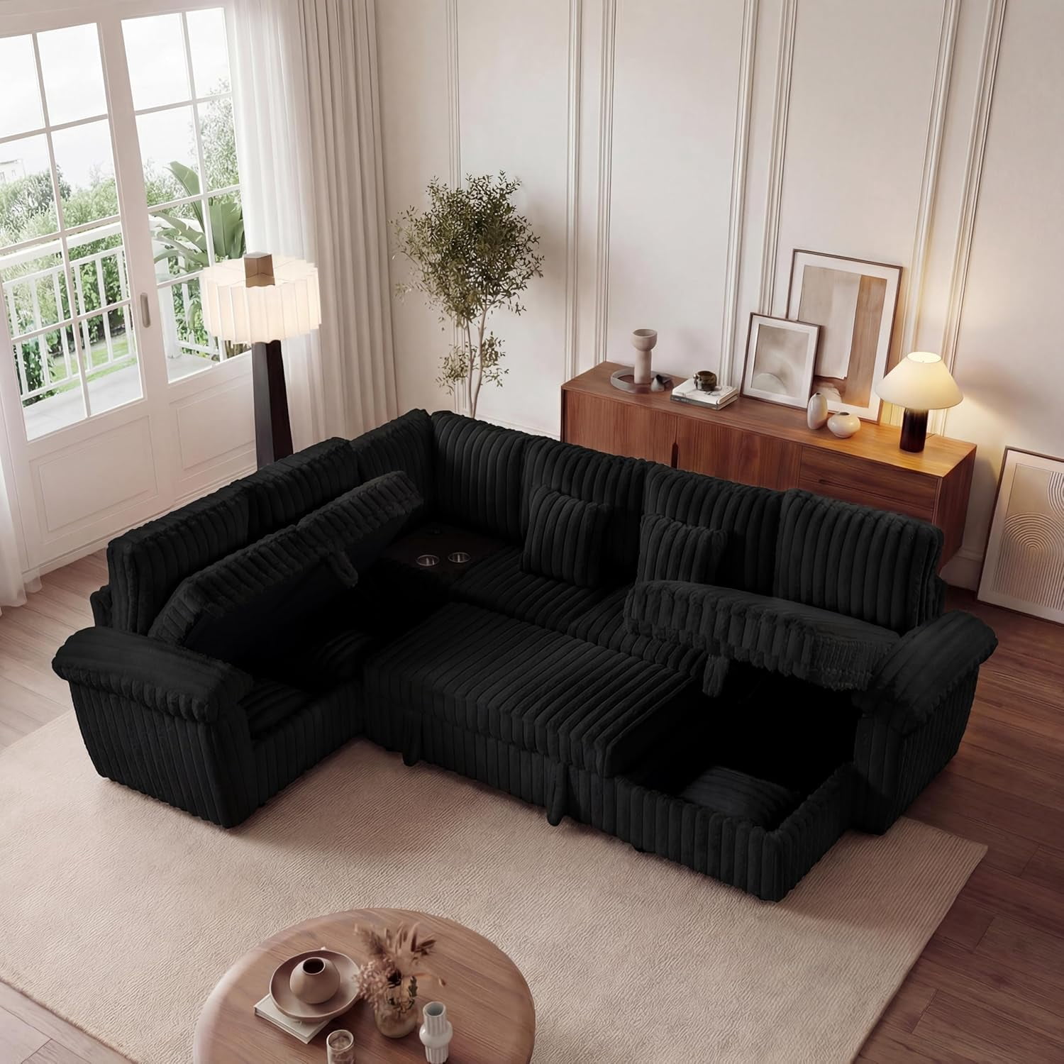 Howcool Modular Sectional Sleeper Sofa, U‑Shaped 7‑Seat Convertible Cloud Couch with Pull‑Out Bed Storage Chaise,USB Charging Ports & Corner Coffee Table Plush Corduroy Couch for Living Room,Black