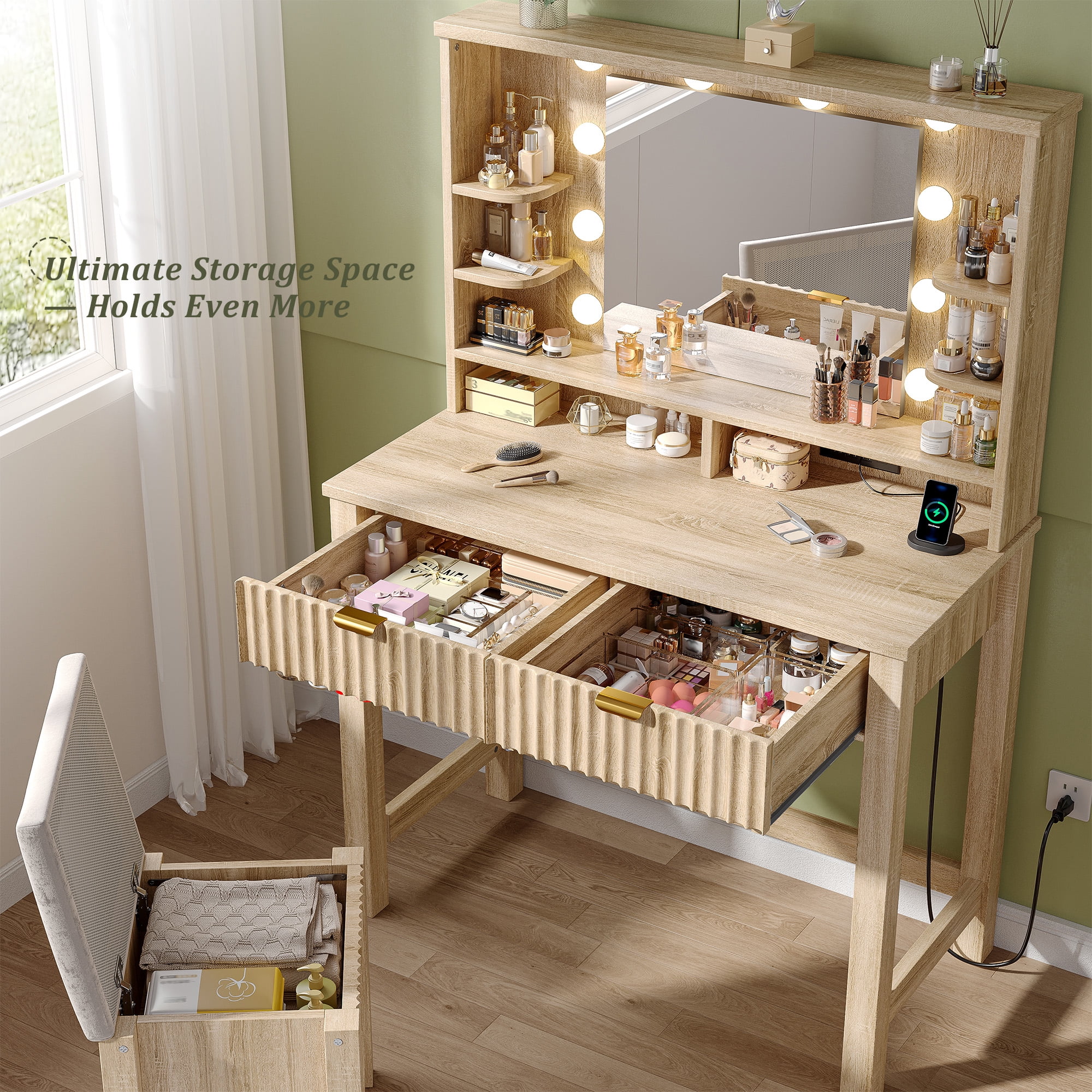 Vanity Desk with Storage Stool Fluted Dressing Table with Mirror and 3-Color Lights Vanity with 2 Large Drawers & Charging Station, Wood Color
