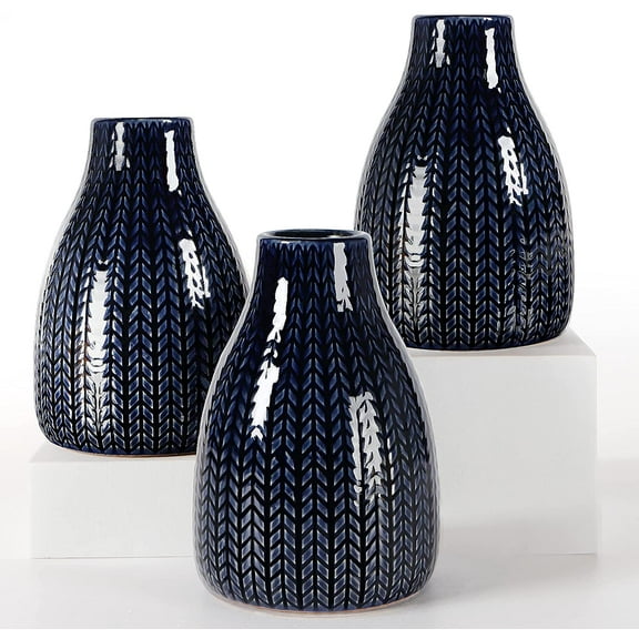 Navy Blue Decor Ceramic Vase Set, Decorative Farmhouse Vase for Living Room, Dinning Room, Shelf, Kitchen Island, Mantel, Bathroom, Covered Patio-Textured Fragrant Wheat Pattern