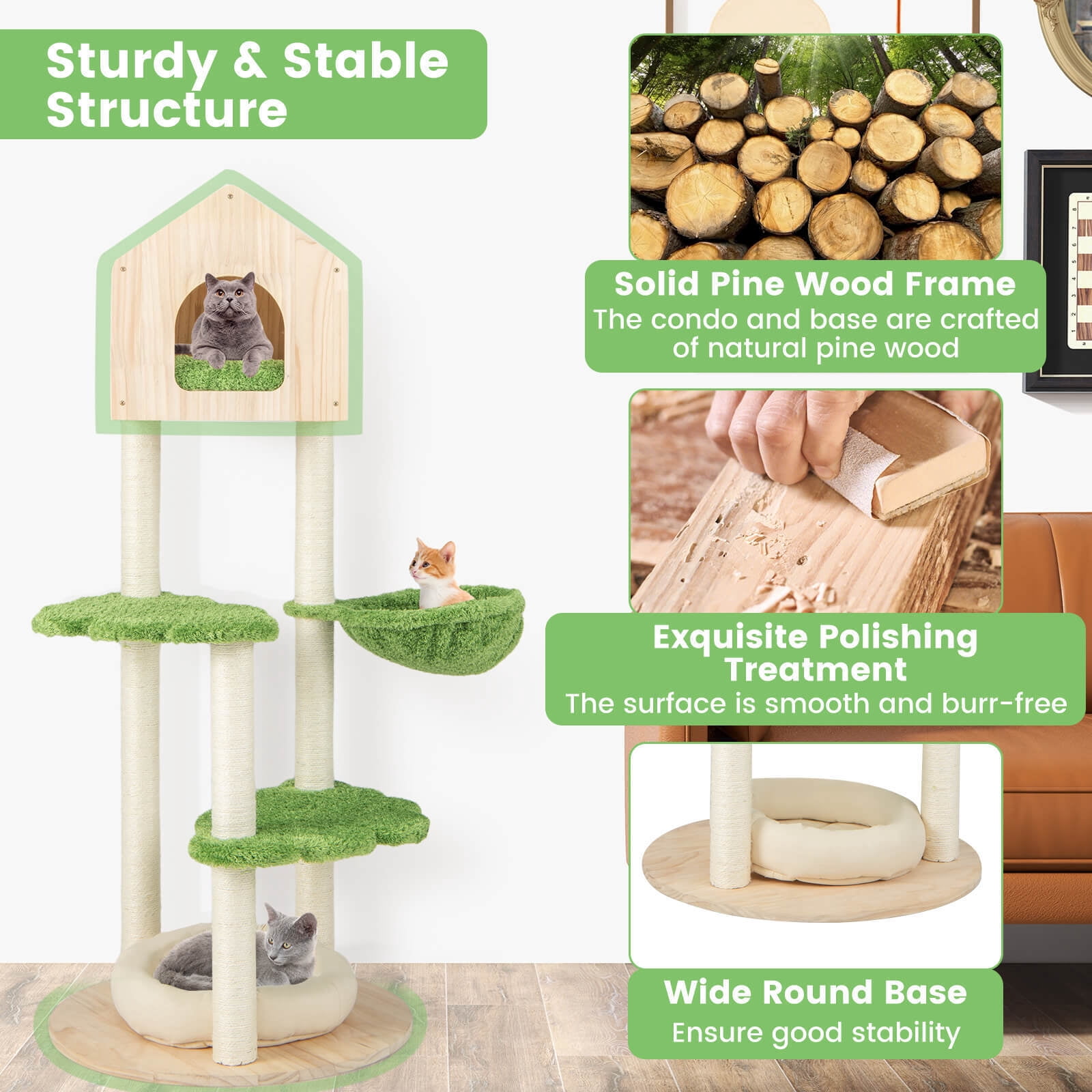 Amijoy Wooden Cat Tree, 55" Tall Cat Climbing Stand w/ Sisal Scratching Posts, Pine Wood Top Condo, Soft Cat Bed, Hammock