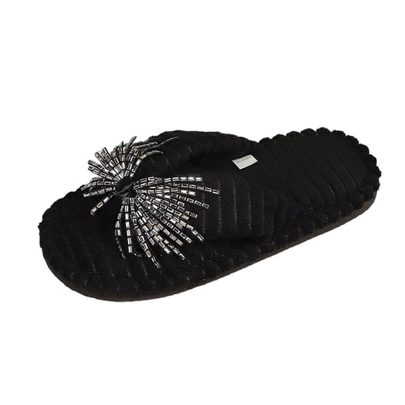 Iyufng Women's Fuzzy Plush Thong Slippers Sparkly Rhinestone Bow Decor Soft Cozy Indoor House Flip Flop Slides