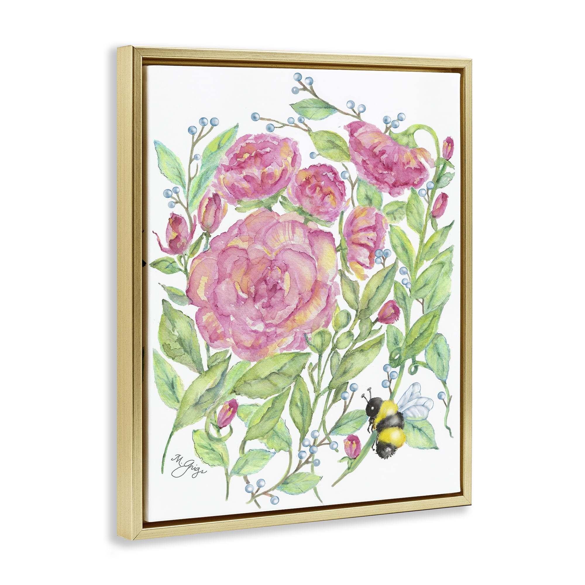 Stupell Industries Peony & Bumble Bee Gold Framed Floater Canvas Wall Art, design by Maureen Grigs