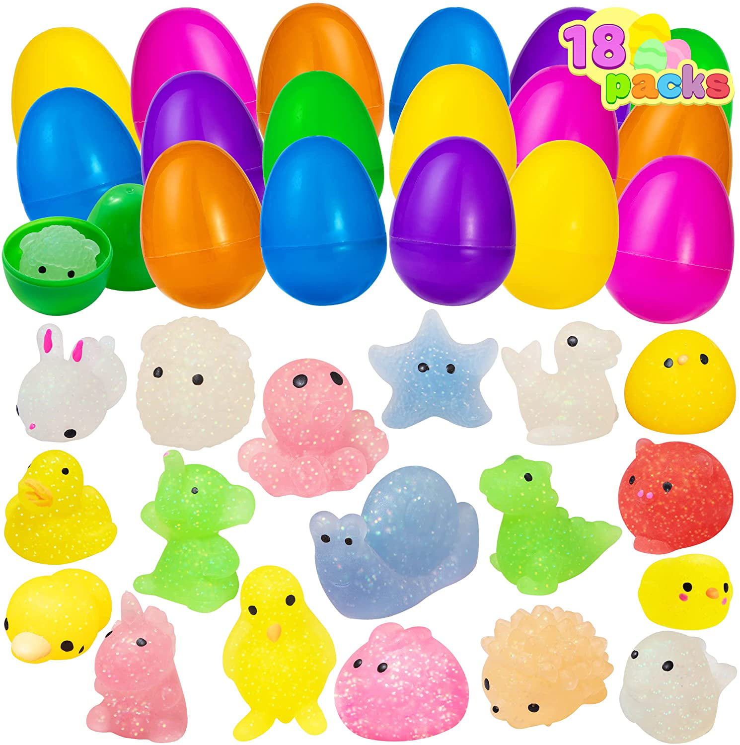 Classroom Prize Supplies Easter Eggs Hunt Cute Chicken Mochi Kawaii Mochi Stress Reliever Squishies for Easter Theme Party Favor 12 Pcs Prefilled Easter Eggs with Toys Easter Basket Stuffers 