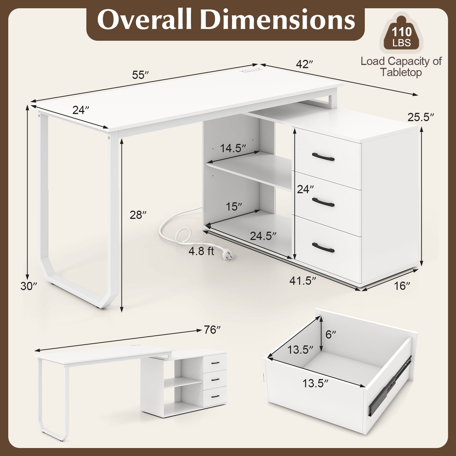 Costway L-Shaped Desk with Power Outlet 55" Reversible Computer Desk with 3 Drawers White