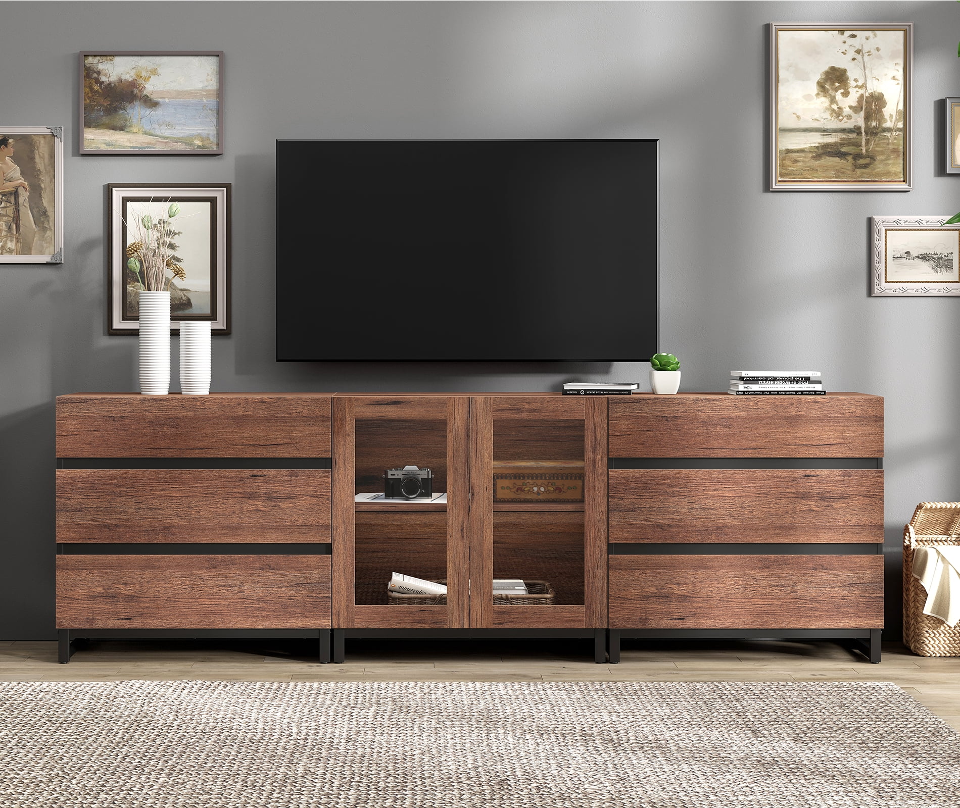 3 In 1 TV Stand For Tvs Up To 100 Inch, Modern TV Console With Glass Doors And 6 Drawers, Entertainment Center With Adjustable Shelf For Living Room, Bedroom,Brown