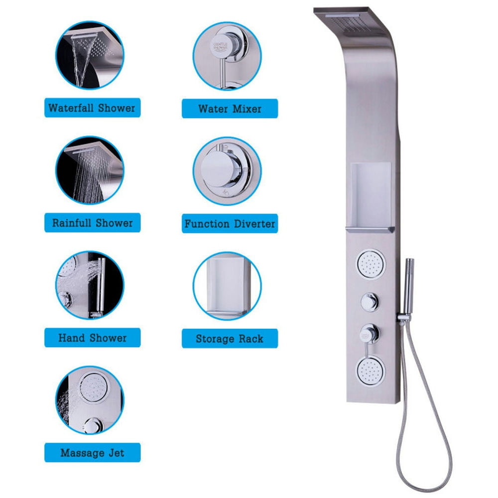 Finihen Shower Panel, Shower Panel Tower System, 57 Inch Stainless Steel Massage Jets Hand Shower Shower Panel, Silver Finihen Shower Panel, Shower Panel Tower System, 57 Inch Stainless Steel Massage Jets Hand Shower Shower Panel, Silver