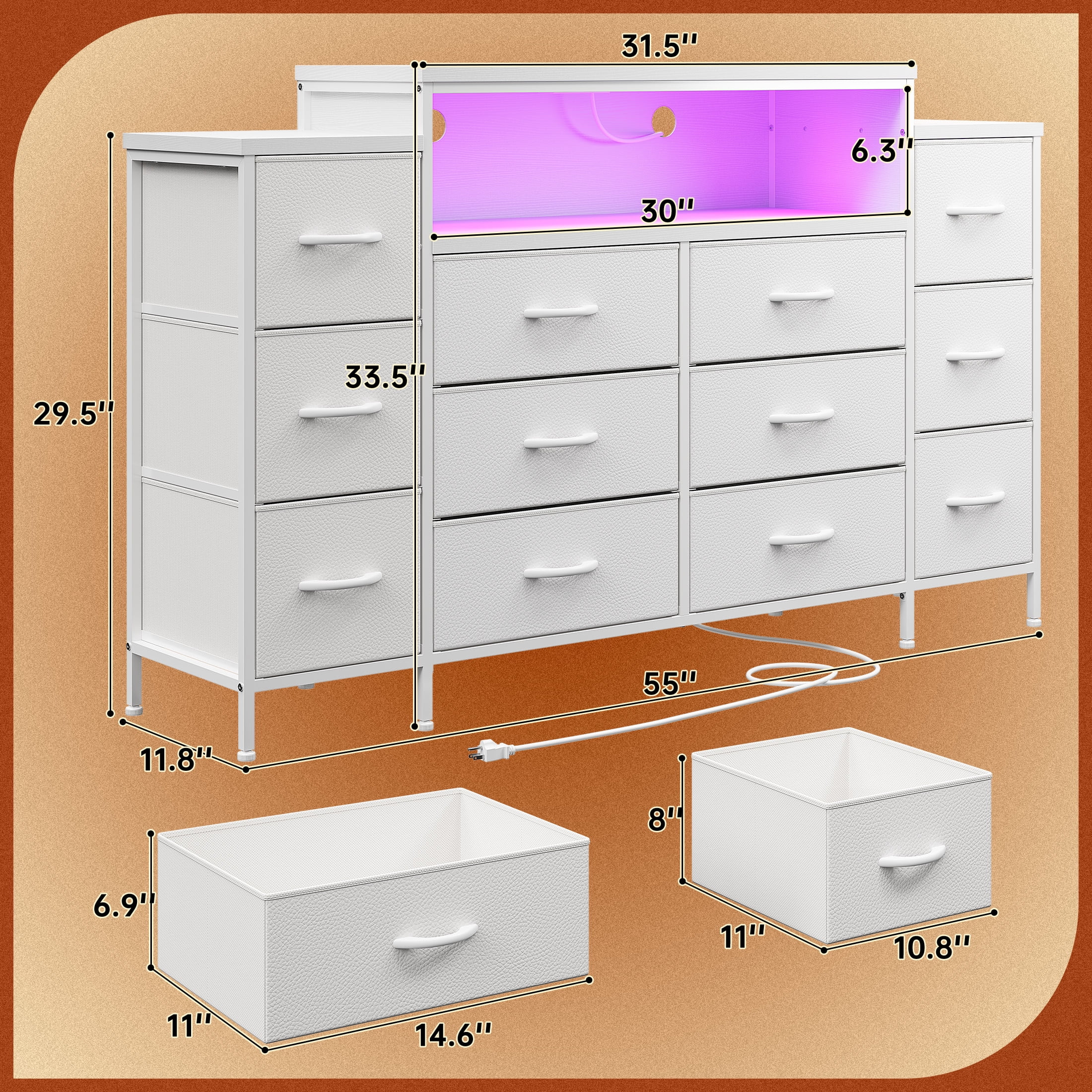 EnHomee White Dressers for Bedroom with 12 Drawer Fabric Dressers with LED lights & Power Outlet,55"W x 11.8"D x 33.5"H