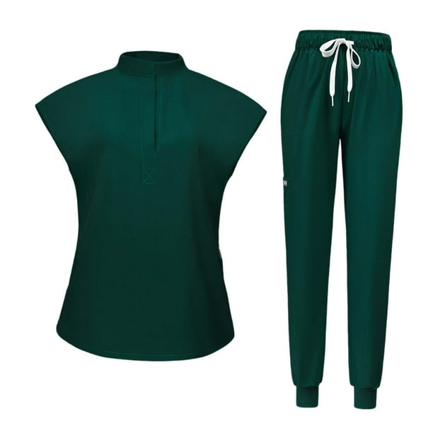 Conjunto de uniforme médico femenino con top y pantalón deportivo para spa, salón de belleza y tienda de mascotas. Verde oscuro