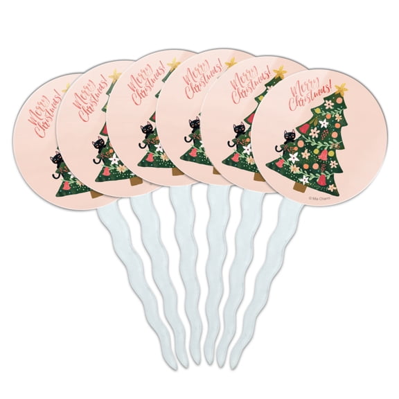 Christmas Tree with Cat Cupcake Picks Toppers Decoration Set of 6