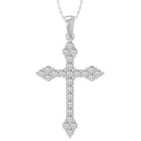 Araiya Fine Jewelry 10K White Gold Round Shape Diamond Composite Cross Pendant with Silver Plated Cable Chain Necklace for Women (1/6 cttw, I-J Color, I2-I3 Clarity) 18"