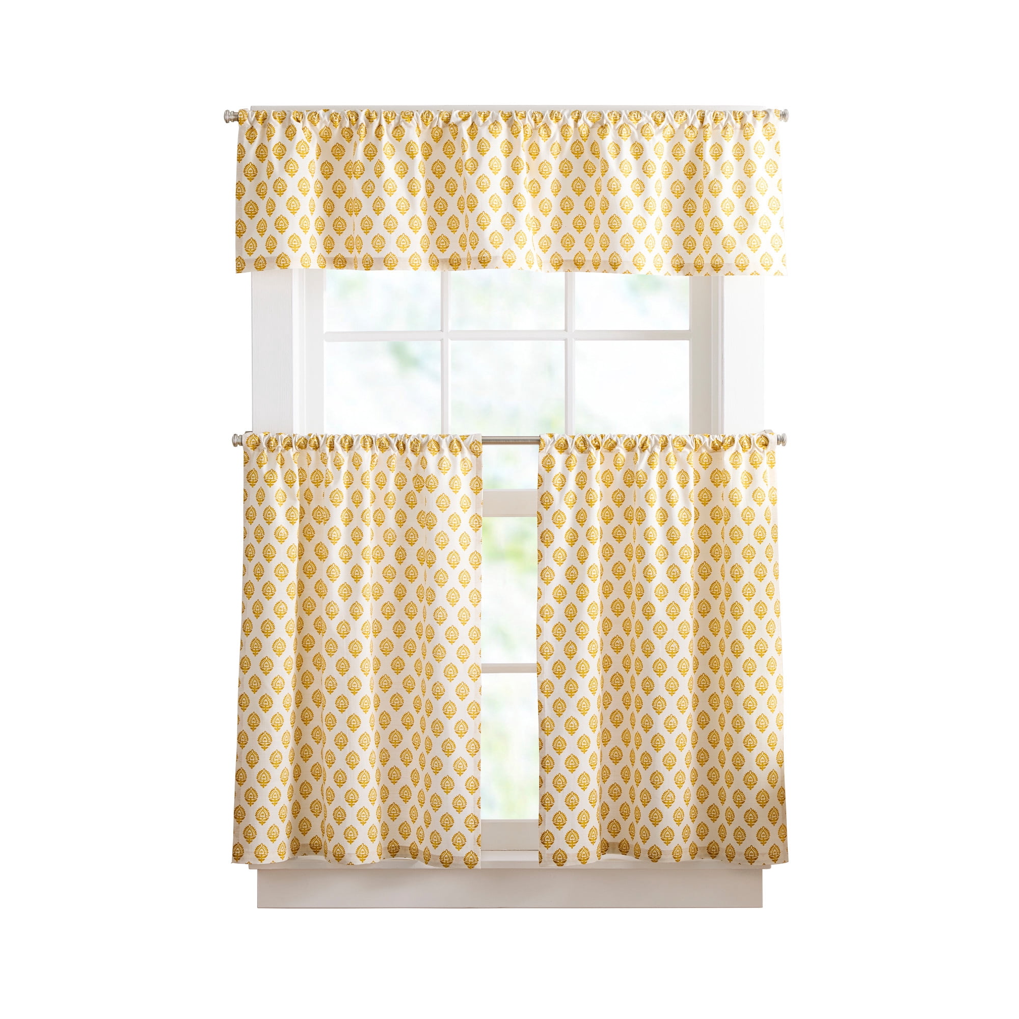 Curtainworks Kiara 3 Piece Valance and Tier Set Marigold, Rod Pocket, Light Filtering, Indoor, 58" x 14" Adult