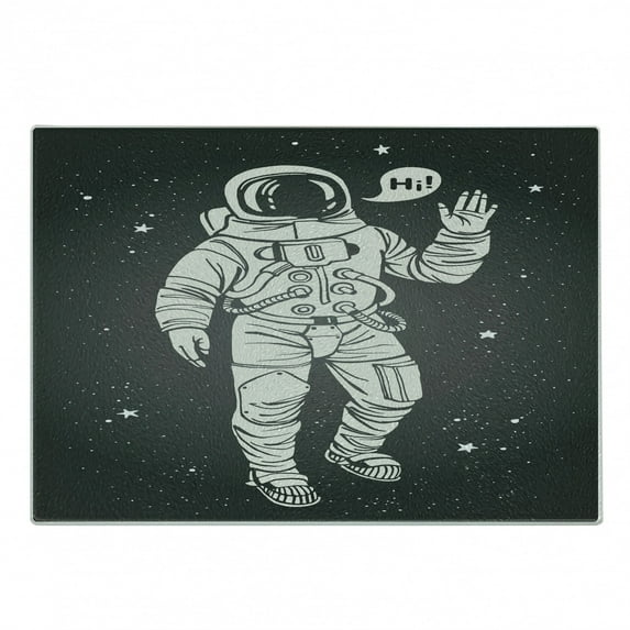 Outer Space Cutting Board, Pop Art Astronaut Saluting with Speech Bubble Comet Adventure Traveler, Decorative Tempered Glass Cutting and Serving Board, Small Size, Charcoal Grey Dust, by Ambesonne