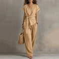 thumbnail image 2 of Women's 2 Piece Outfits Short Sleeve V Neck Top Wide Leg Pant Business Suit Set Dressy Pantsuits Summer Belted Top Loose Matching Set, 2 of 7