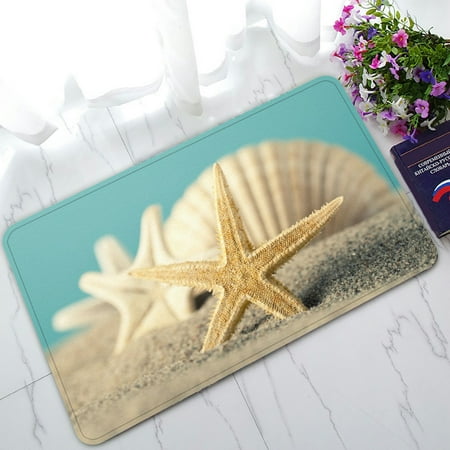PHFZK Summer Seascape Doormat, Starfish and Seashell on the Sandy Beach Doormat Outdoors/Indoor Doormat Home Floor Mats Rugs Size 30x18