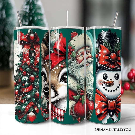 Vintage Tree, Reindeer, Santa and Snowman 20oz Tumbler With Lid and Stainless Steel Straw, Green Christmas Brushstrokes Gift Cup