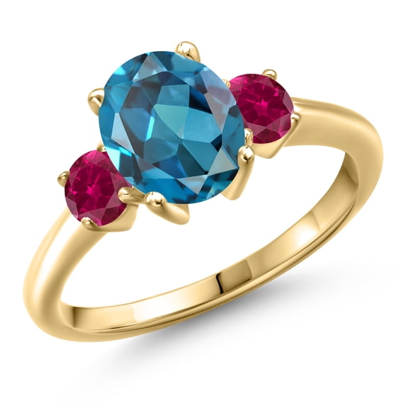 Gem Stone King 10K Yellow Gold London Blue Topaz and Red Created Ruby Engagement Ring for Women | 2.75 Cttw | Oval 9X7MM | Gemstone November Birthstone | Size 6