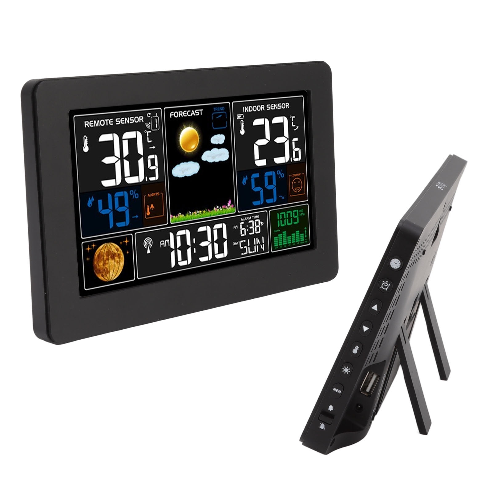 Nieyigj Multifunctional Weather Station Clock Large Color Display For Indoor Outdoor Temperature Humidity Air Pressure US Plug 100-240V Black Edition