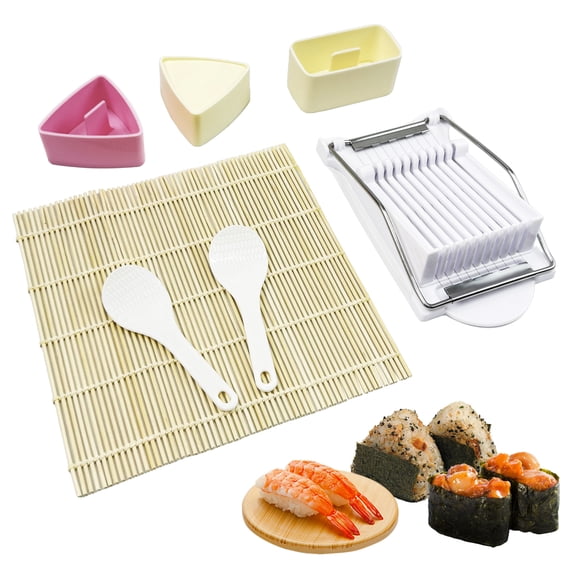 6-Piece Premium Sushi Making Kit, Musubi Press Mold Kit, Includes 2 Musubi Makers, 1 Onigiri Molds, 1 Bamboo Sushi Rolling Mat,  Luncheon Meat Slicer – Easy to Clean, Dishwasher Safe