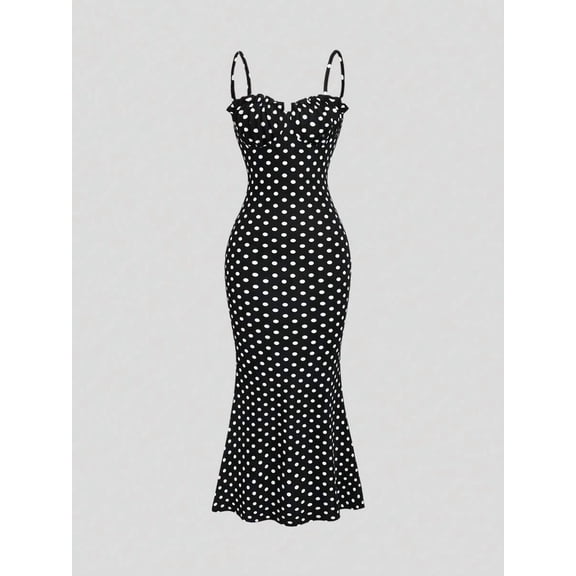 Black & White Polka Dot Sexy Casual Backless Sleeveless Spaghetti Strap Dress for Women Spring Summer