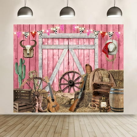 7x5FT Western Cowgirl Backdrop Pink Barn Door Cow Farm Country Rustic Wooden House Photography Background Cowgirl Birthday Party Decorations Banner Supplies Photo Booth Props