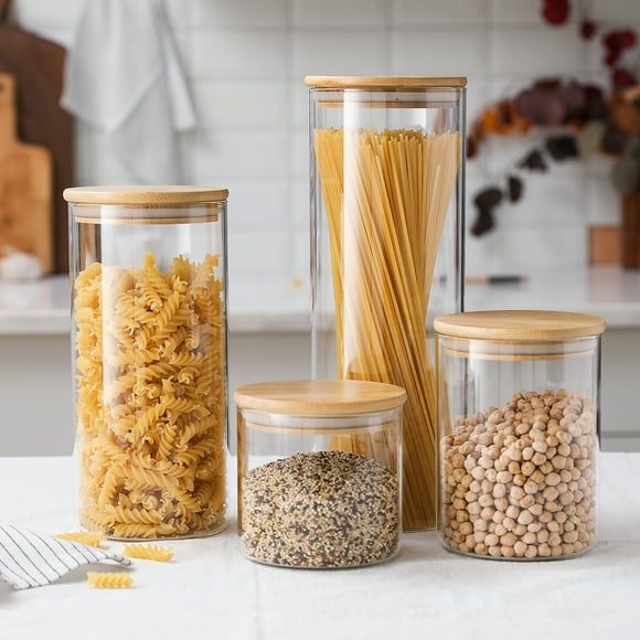 Airtight Glass Canister Set of 4 Clear Glass Storage Jars with Bamboo Lids