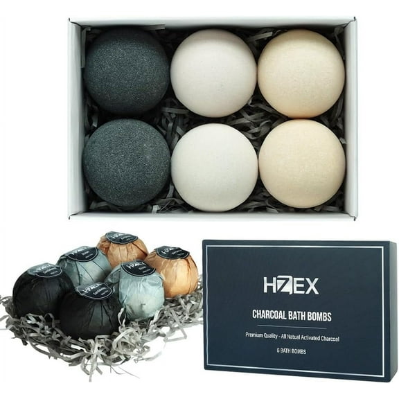 Bath Bombs, HZEX Luxury Charcoal 6 Large Natural Bathbomb Fizzes for Men Women, Organic Bath Bomb with Essential Oils and Shea Butter, Stress Relief and Relaxation, Detox with Charcoal Bathbombs