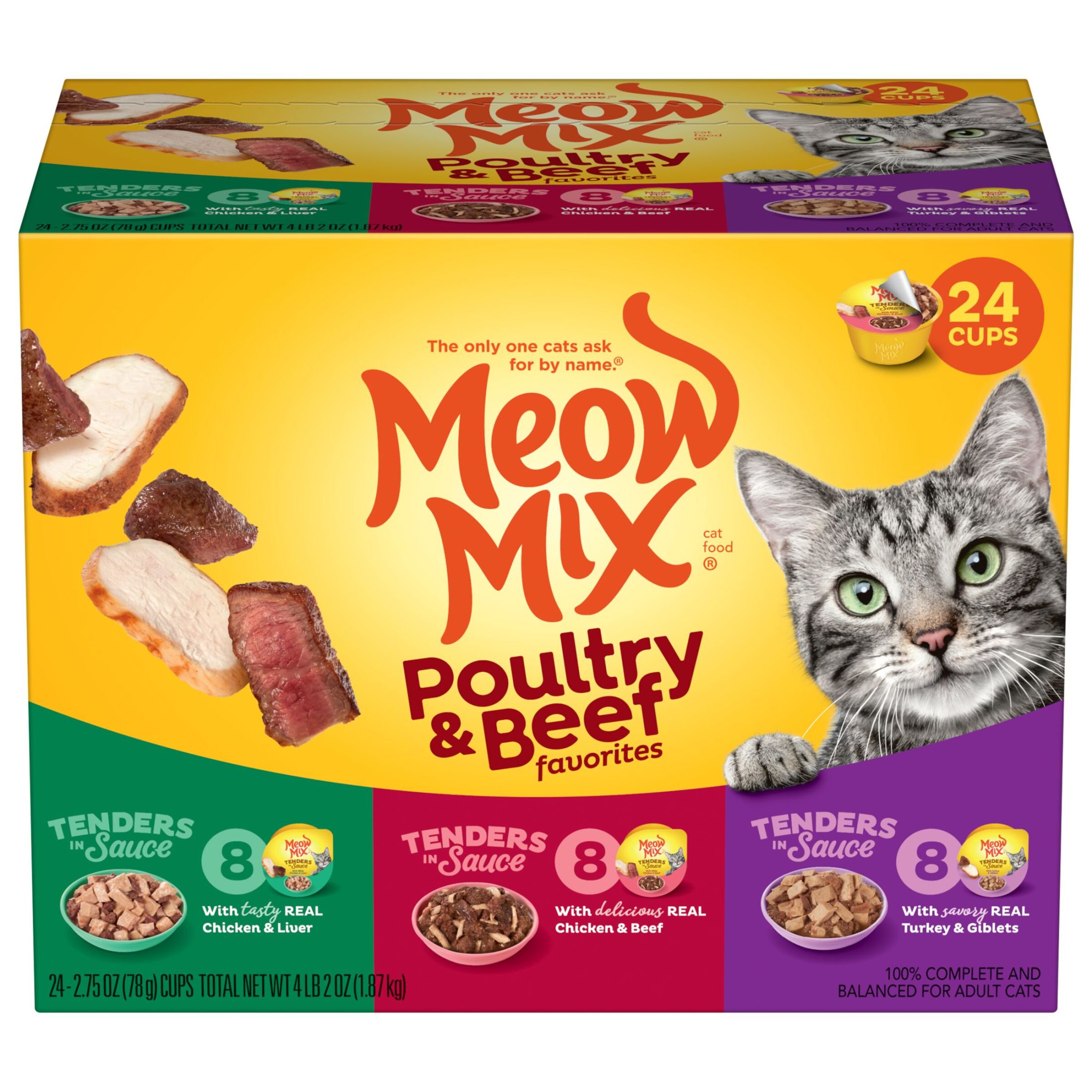Meow Mix Tenders in Sauce Wet Cat Food Variety Pack With Poultry & Beef Favorites, 24 Cups, 2.75 oz Each