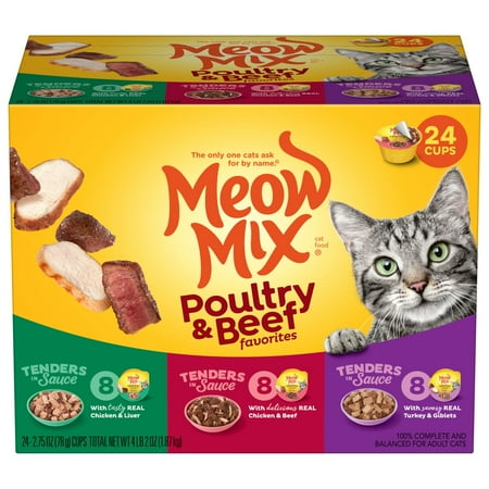 Meow Mix Tenders in Sauce Wet Cat Food Variety Pack With Poultry & Beef Favorites  24 Cups  2.75 oz Each