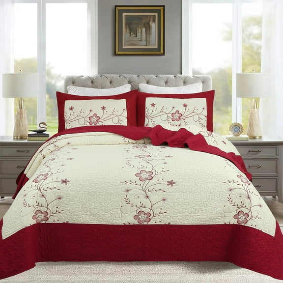 3-Piece Queen Size Embroidered Burgundy/Red Quilt Set – Lightweight Bedspread 563/520
