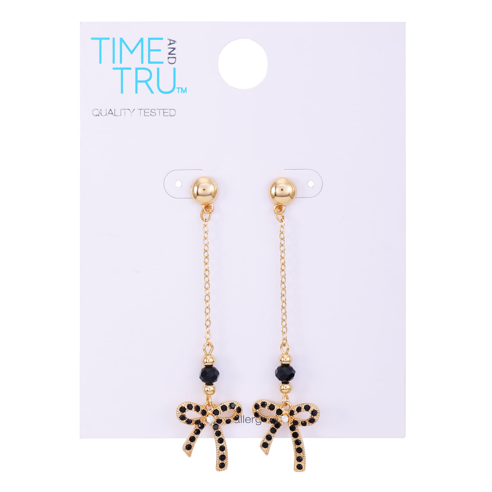 Time and Tru Women's Delicate Gold Tone Chain Drop Post Earring with Jet Stone Bow Drop Casting