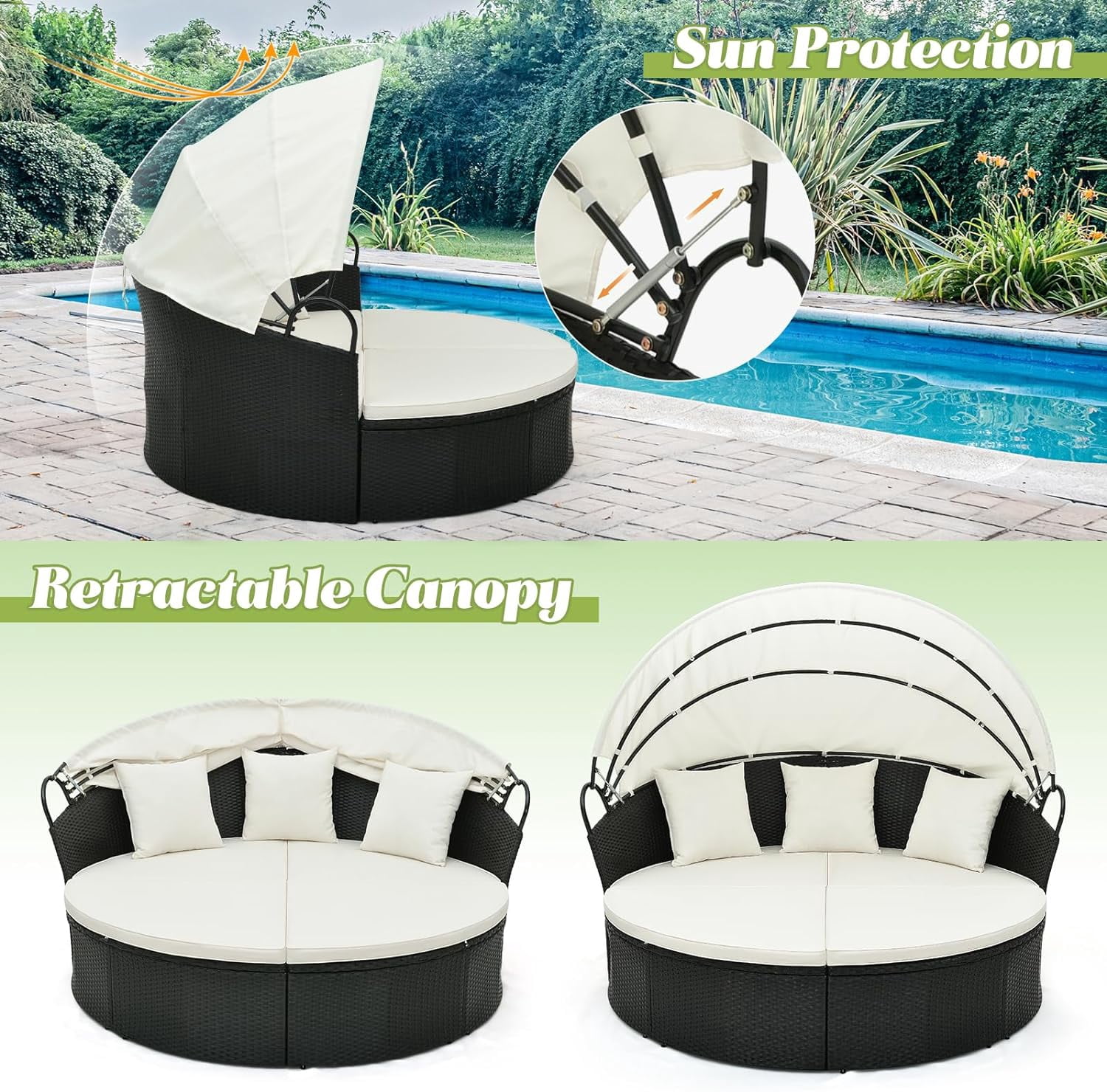Gymax Outdoor Patio Round Wicker Daybed w/ Separate Seating Sofa, Retractable Canopy, 4 Cushion 3 Pillows Black & White