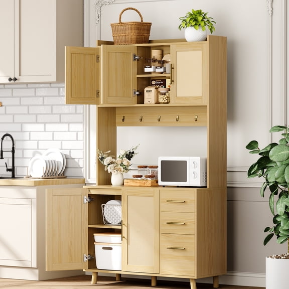 COZONY 71" Tall Kitchen Pantry Cabinet with Rattan Doors, Microwave Stand with 3 Drawers & 6 Hooks, Freestanding Storage Hutch for Dining Room & Kitchen Organization,Wood