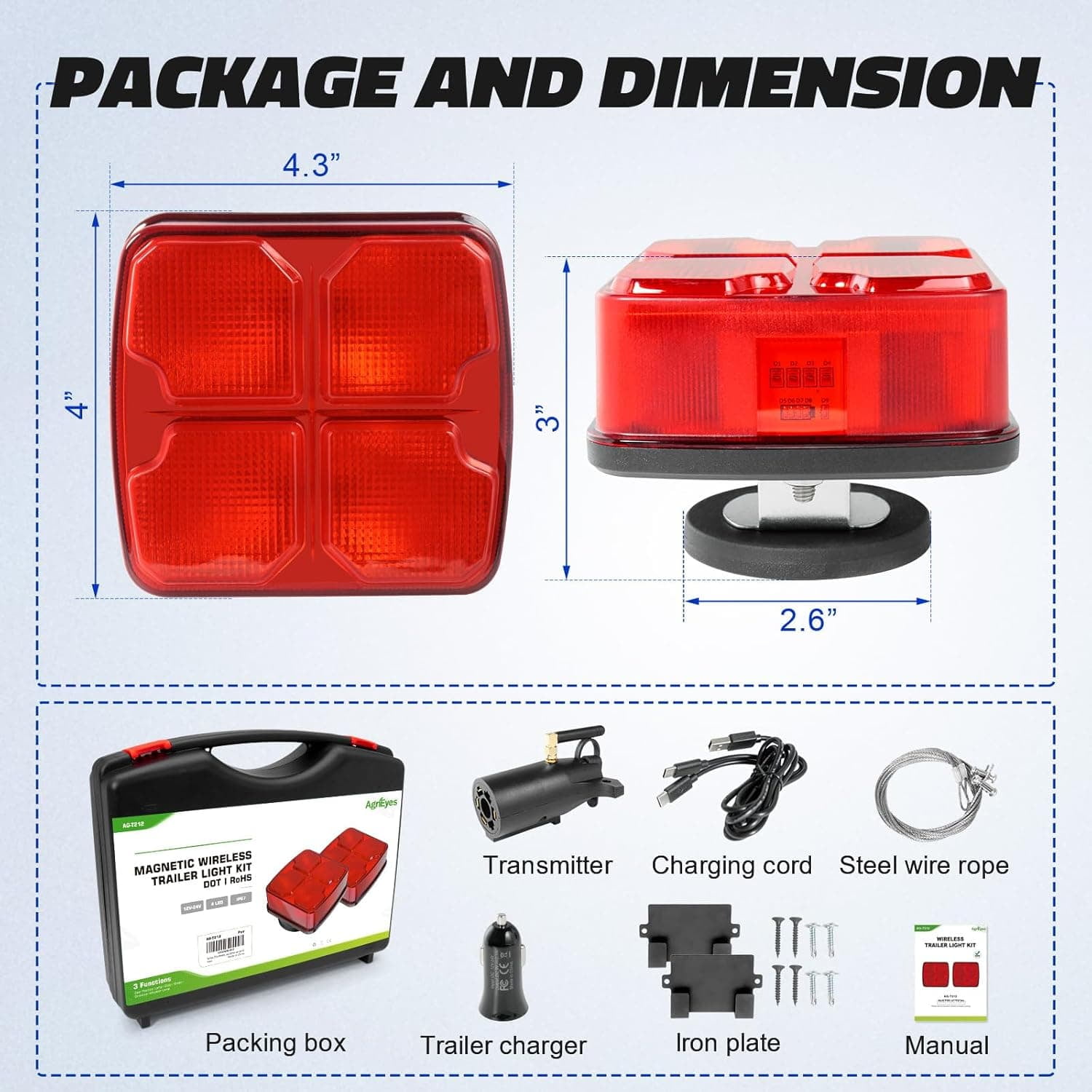 Wireless Trailer Lights Kit for Towing Truck, Rechargeable LED Tow Light with Super Magnetic,7 Way to 4 Way Transmitter for Boat Trailer, Caravan, Camper, RV