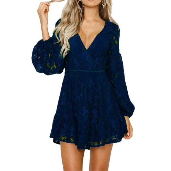 Women's Lace V-Neck Long Sleeve Mini Dress with Buttoned Tied Details Lined for Comfort 95% Polyester 5% Spandex