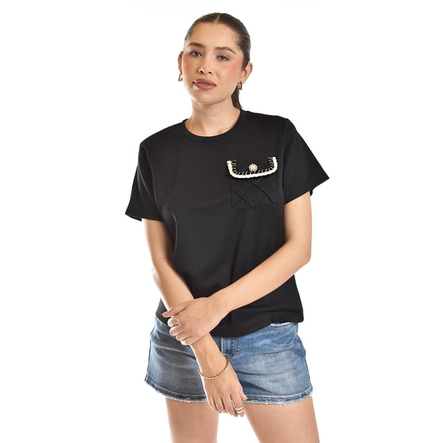 Blusa con detalle de bolsillo Roman Fashion /Juvenil, 5111 (Negro) negro CH