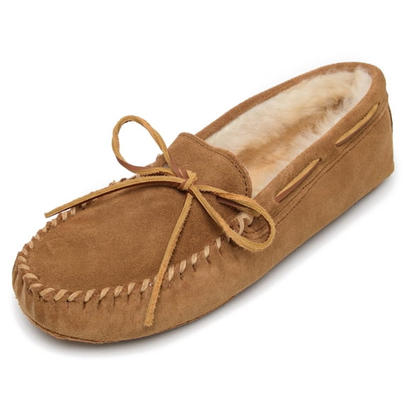 Minnetonka Men's Sheepskin Soft Leather Sole Leather Sole Moccasins 15 X Goldent Tan