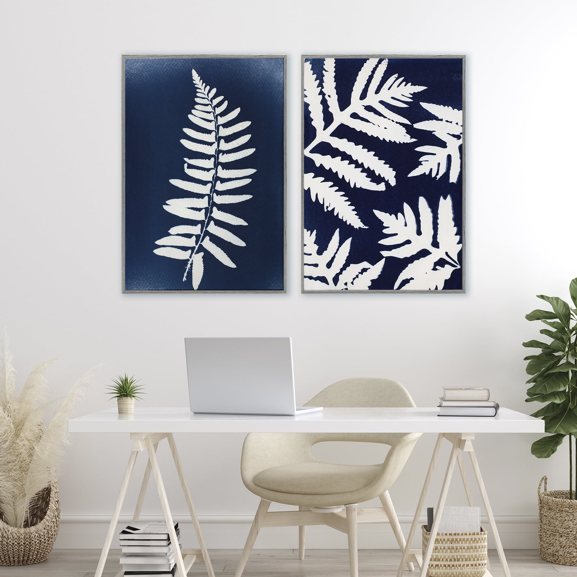 Stupell Industries Fern Leaves on Indigo 2 Piece Gray Framed Giclee Art Set, design by Lynn Byrd