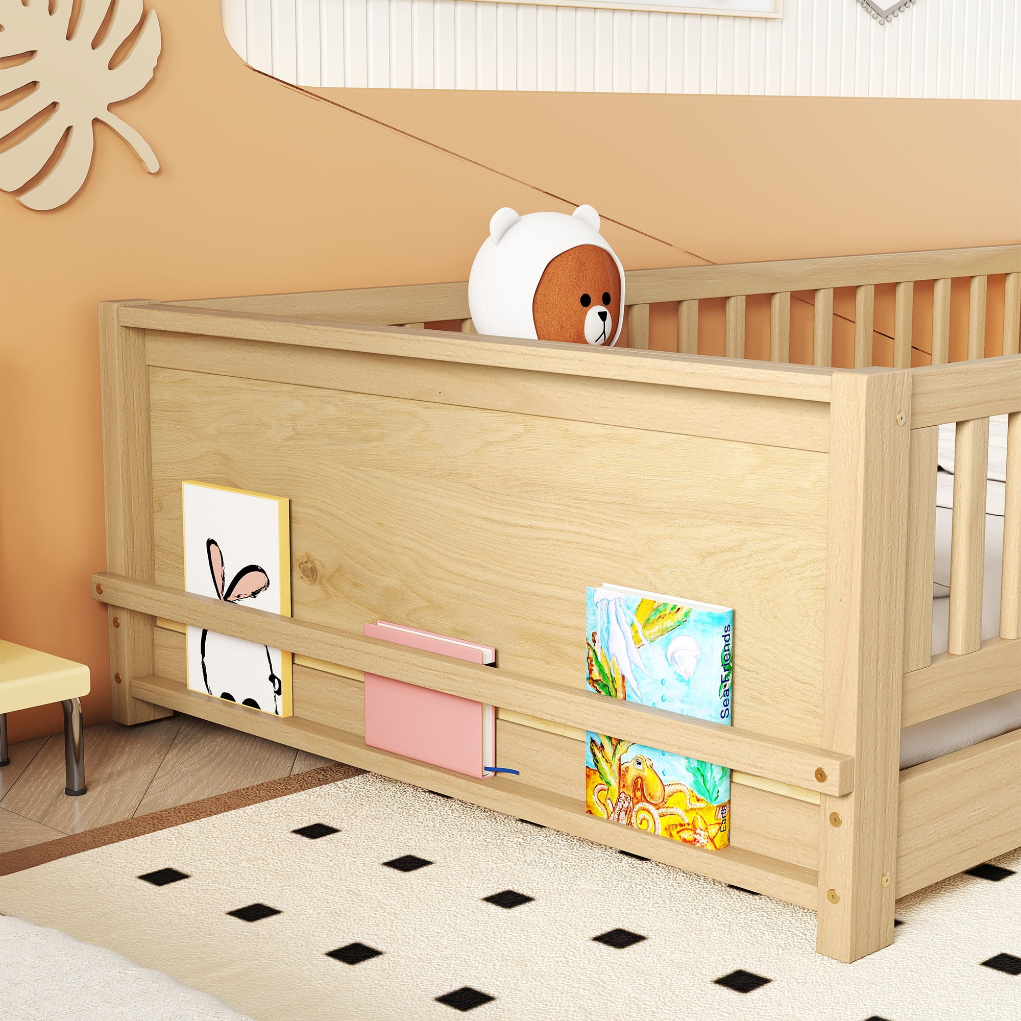 Miniyam Floor Bed, Twin Size Platform Bed Frame with Built-in Book Storage Rack, Door, Natural