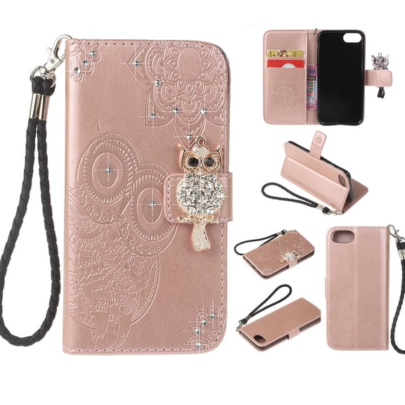 iPhone 7 / 8 Case, Allytech Premium Leather Cute Glitter Owl Shockproof Folio Stand Drop Proof Cards Slots Bumper Magnetic Book Style Wallet Case Cover for Apple iPhone 8/ iPhone 7, Rosegold