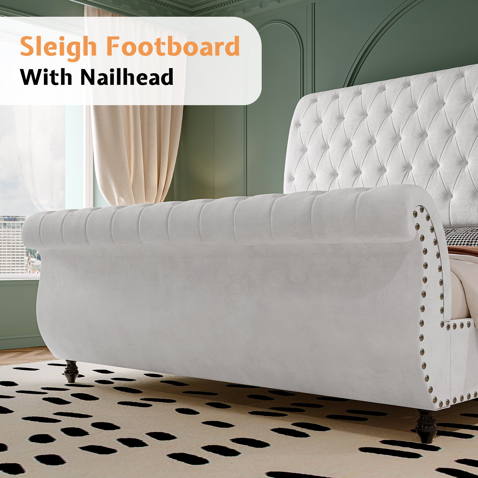 Merluxy Queen Size Bed Frame, Velvet Upholstered Platform Sleigh Bed With Scroll Headboard & Footboard, Button Tufted, No Box Spring Needed,White