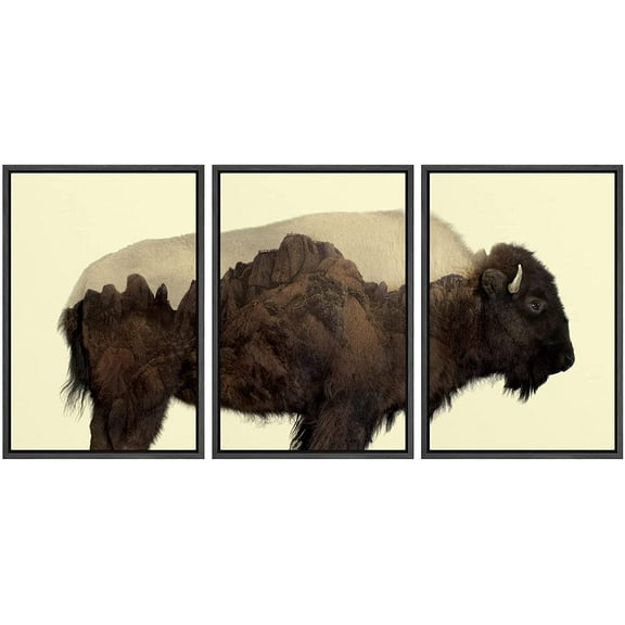 wall26 Framed Canvas Print Wall Art Set Double Exposure Buffalo with Mountains Animals Wilderness Photography Realism Zen Scenic Colorful Multicolor for Living Room, Bedroom, Office - 16"x24&quo