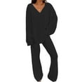 thumbnail image 1 of 2pcs/set Women Plain Tracksuits Set V Neck Loose Tops+long Pants Loungewear Pyjamas Sets, 1 of 3