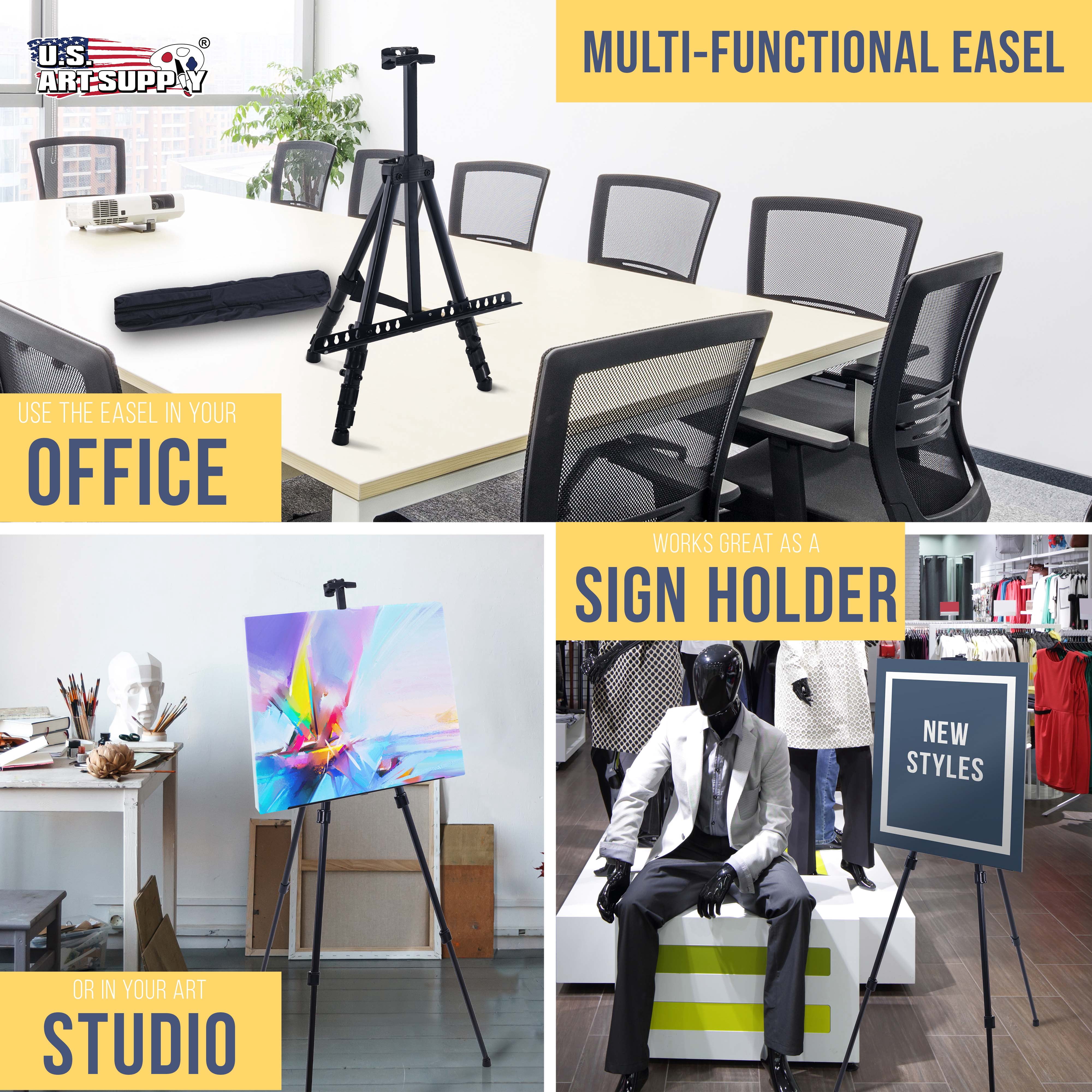 U.S. Art Supply - Pack of 4 - 66 Inch Sturdy Black Aluminum Tripod Artist Field and Display Easel Stand - Adjustable Height 20\" to 5.5 Feet, Holds 32" Canvas