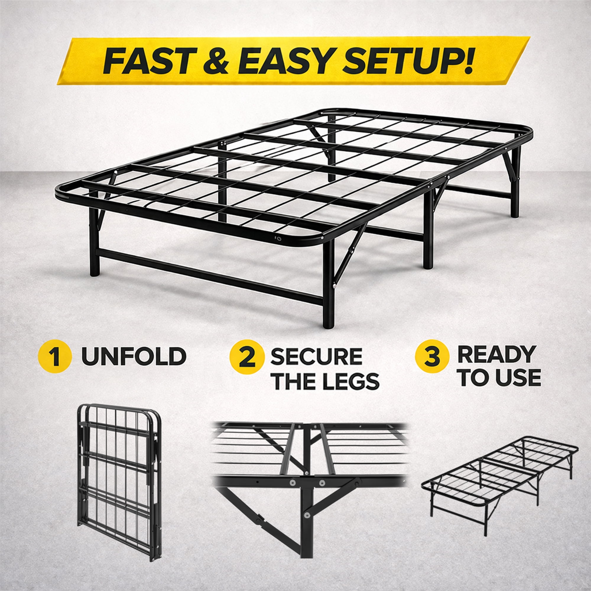 Continental Sleep, 14-Inch Foldable Metal Platform Bed Frame with Tool Free Setup, Sturdy Steel, No Box Spring Needed, 75" x 30", Black