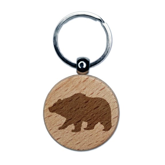 Fuzzy Grizzly Bear Silhouette Round Keychain Charm Tag - Engraved Wood