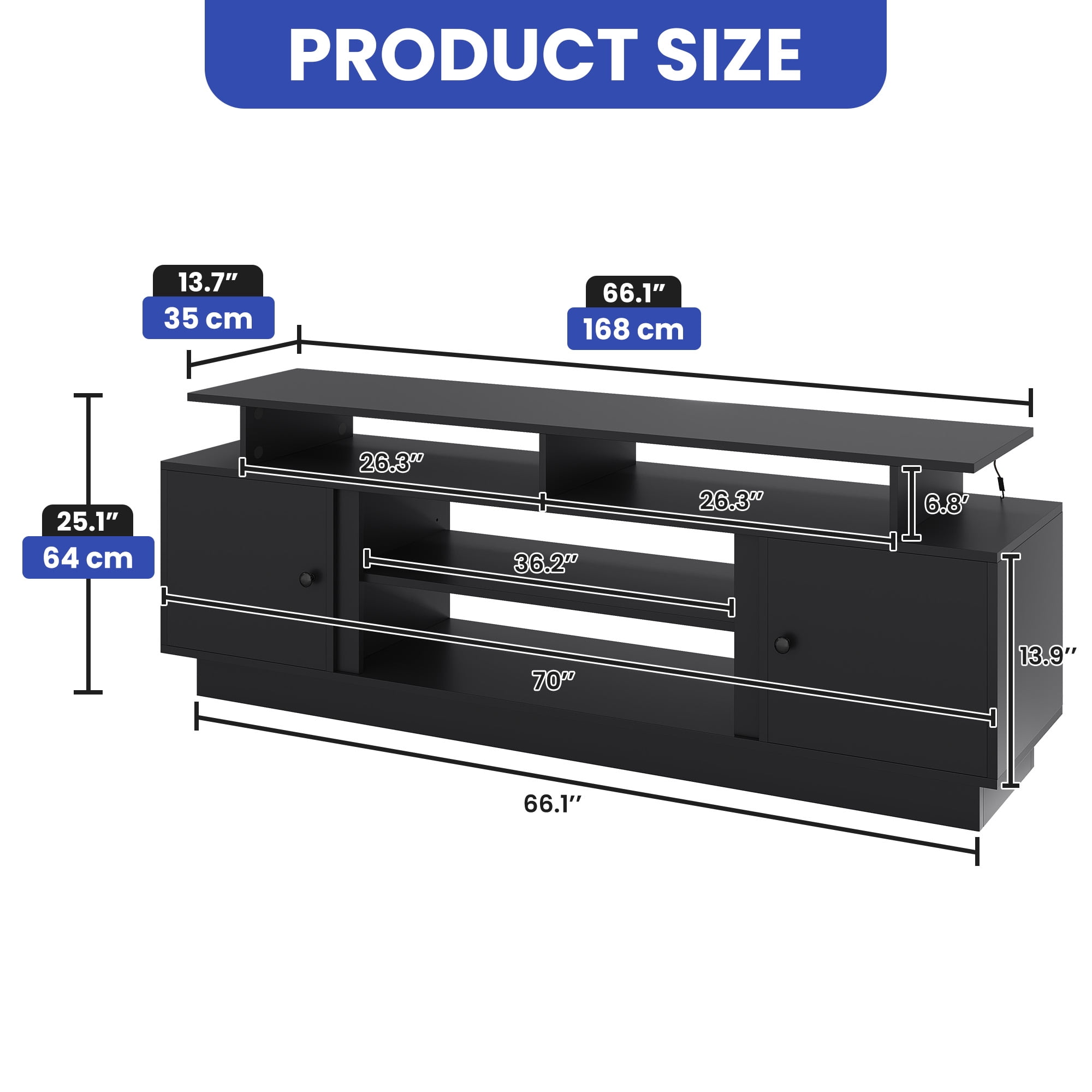 Dextrus 70 Inch Black Modern TV Stand, Suitable for TVs Up to 75 Inches, Living Room Entertainment Center with Light Strip, Storage Cabinets and Adjustable Partition