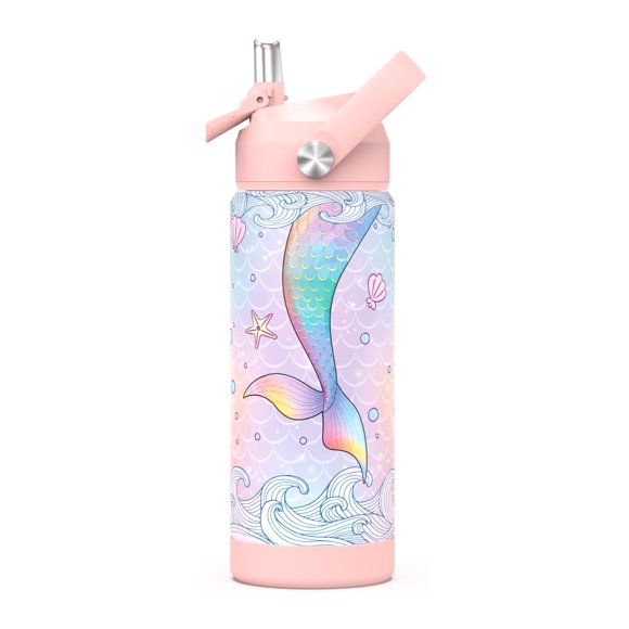 Ntswasd Botella De Agua Para Niñas Con Pajita, Vasos Aislados Para Niños De 18 Oz Con Acero Inoxidable A Prueba De Fugas Para Deportes Escolares Y Viajes (Sirena)