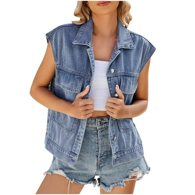 AherBiu Womens Sleeveless Jean Jackets Vintage Button down Lapel Denim Vests Outwear with Pockets