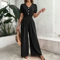 thumbnail image 5 of Simua Women's Solid Color Short Sleeve V-Neck Smocked Waist Wide Leg Jumpsuit With Buttons For Casual Daily Work Vacation Summer, 5 of 9